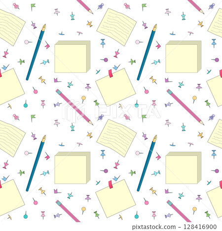 Seamless pattern with school stationery including pencils, sticky notes, paper sheets, and colorful push pins on white background. For back to school theme, supplies, textile print, or wrapping paper. Seamless pattern with school stationery including pencils, sticky notes, paper sheets, and colorful push pins on white background. For back to school theme, supplies, textile print, or wrapping paper. 128416900