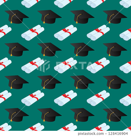 Seamless pattern with graduation caps and diplomas on green background. For back to school, academic achievement, and school celebration theme, or school supplies, stationery design, wrapping paper. Seamless pattern with graduation caps and diplomas on green background. For back to school, academic achievement, and school celebration theme, or school supplies, stationery design, wrapping paper. 128416904