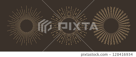 Linear gold sparkle sun, sunburst, sunbeam, firework, star. Trendy bohemian vintage vector round shapes, explosion symbol. 128416934
