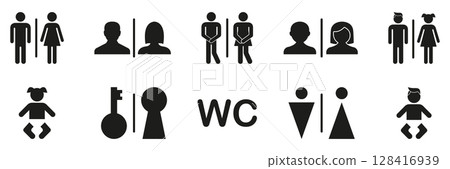 Restroom And Gender Symbols Solid Icon Set. Male, Female, Unisex, And Child Bathroom Sign Silhouette Symbol Collection. Public Facility And Accessibility Icons. Isolated Vector Illustration Restroom And Gender Symbols Solid Icon Set. Male, Female, Unisex, And Child Bathroom Sign Silhouette Symbol Collection. Public Facility And Accessibility Icons. Isolated Vector Illustration 128416939