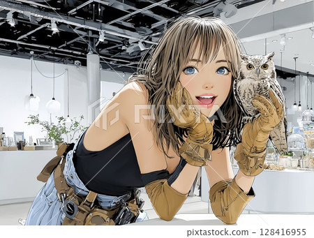 Owl Cafe Illustration of a smiling woman holding an owl in her hand 128416955