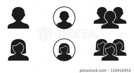 User Profile And Group Silhouette Icon Set. Individual And Team Symbol Collection. Personal And Community Identity, Social Network and User Interface Design. Isolated Vector Illustration 128416958