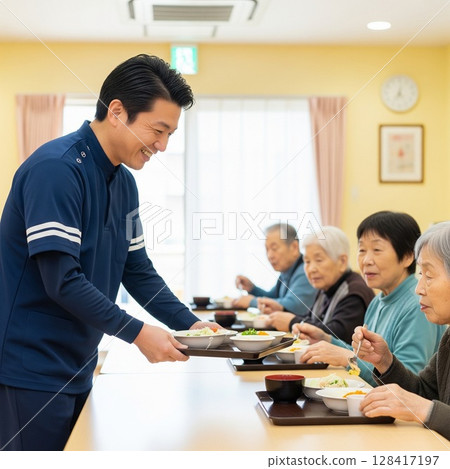 女性照護人員在安養院提供餐點、提供食物、午餐、餐點、餐點、樂趣 128417197