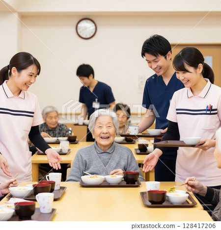 Female caregiver serving meals at elderly care facility, serving food, lunchtime, meal, meal, fun 128417206