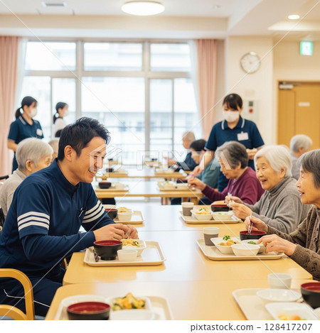 Female caregiver serving meals at elderly care facility, serving food, lunchtime, meal, meal, fun 128417207