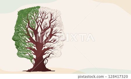 Bipolar disorder concept. Human face tree half green and dry showing mental health contrast. Banner 128417320
