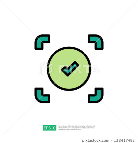 Icon Representing Law and Judgment Featuring a Checkmark Within a Circle Surrounded by Validation Symbols Icon Representing Law and Judgment Featuring a Checkmark Within a Circle Surrounded by Validation Symbols 128417492