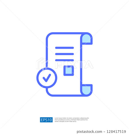 Legal Document Icon Featuring Checkmark Symbolizing Approval and Compliance in Law and Judgement Themes with Clear Blue Design Elements 128417519