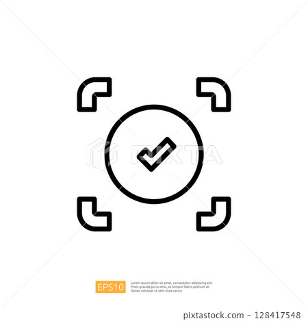 Icon representing law and judgement with checkmark symbolizing approval and verification in legal context Icon representing law and judgement with checkmark symbolizing approval and verification in legal context 128417548