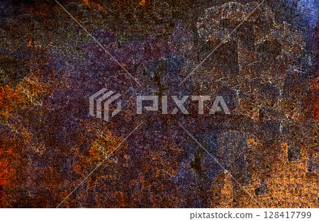 Abstract textured background showing rust and corrosion effect with orange and purple tones 128417799