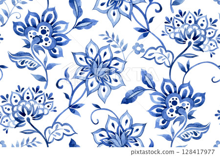 seamless pattern with watercolor oriental ornaments. blue floral print 128417977