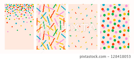 Confetti seamless pattern set with colorful wavy stripes, curved shapes, and polka dots on light background. Vector Confetti patterns. For fabric, packaging, party design. Confetti seamless pattern set with colorful wavy stripes, curved shapes, and polka dots on light background. Vector Confetti patterns. For fabric, packaging, party design. 128418053