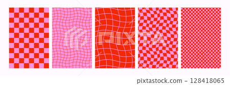 Retro checker grid seamless pattern backgrounds in red and pink with wavy optical illusion for abstract groovy designs. Ideal for fabric, wrapping paper, posters 128418065
