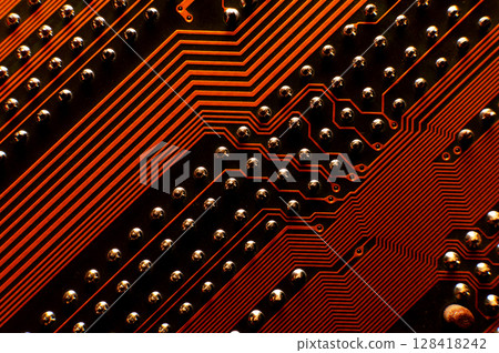 Macro photography of electronic circuit. Technology symbol. Close-up, computer parts. Computer chip. Modern technologies, artificial intelligence and its potential 128418242