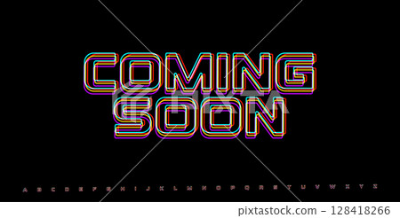 COMING SOON RGB glitch phrase. Neon distorted word in cyber interface style for teaser, launch promo or upcoming event screen. Vector illustration. 128418266