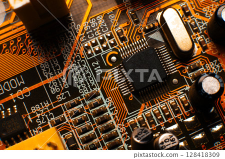 Digital chip, abstract background, technology, motherboard. Close-up of processor, system board Digital chip, abstract background, technology, motherboard. Close-up of processor, system board 128418309