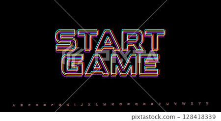 START GAME neon glitch phrase. RGB arcade UI typography in vaporwave style. Cyberpunk interface for video game screen or retro console. Vector illustration. 128418339
