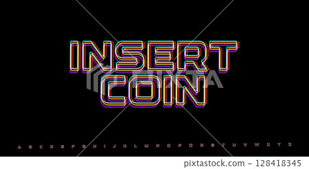 INSERT COIN retro glitch typography. RGB arcade interface element with neon distortion. Vaporwave pixel art style for gaming UI. Vector illustration. INSERT COIN retro glitch typography. RGB arcade interface element with neon distortion. Vaporwave pixel art style for gaming UI. Vector illustration. 128418345