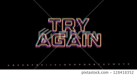 TRY AGAIN distorted glitch phrase. RGB neon text for game fail screen, retry message, or pixel error prompt. Futuristic arcade design. Vector illustration. 128418352