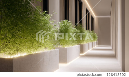Lush plants line a sleek apartment hallway with a smart irrigation system promoting urban gardening 128418502