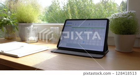 Tablet displays a self-sufficiency schedule focusing on gardening and fermentation at a serene desk setup 128418513
