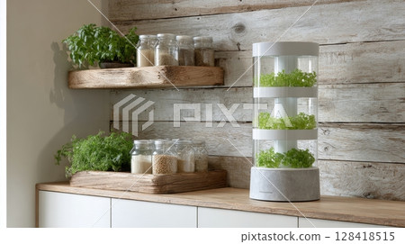 Hydroponic tower next to rustic shelf with seed jars promotes homegrown food and modern self-sufficiency 128418515