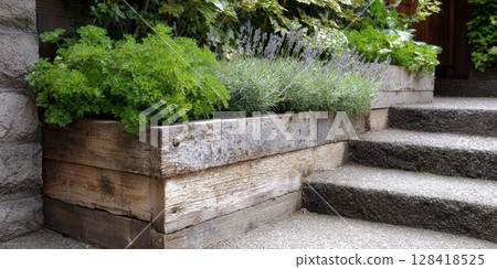 Salvaged materials form a modern raised garden in a small urban backyard filled with thriving plants 128418525