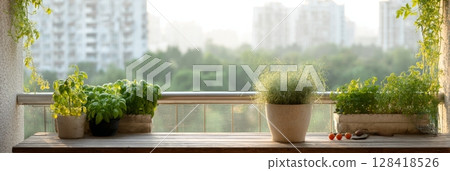 Balcony features planters with homegrown tomatoes and herbs, bathed in warm morning light 128418526