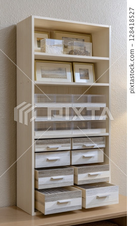 Labeled seed organizer shelf in a calm home office, encouraging urban gardening and self-sufficiency 128418527