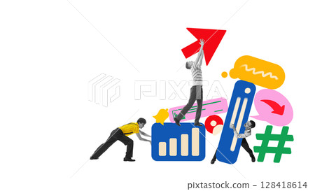 Pop-art collage with group of people lifting arrow on media symbols Pop-art collage with group of people lifting arrow on media symbols 128418614