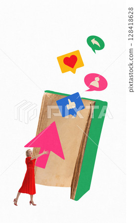 Digital pop-art collage with woman pushing pink cursor against vintage book 128418628
