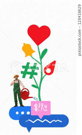 Creative collage with farmer watering social media icons as flower stems 128418629