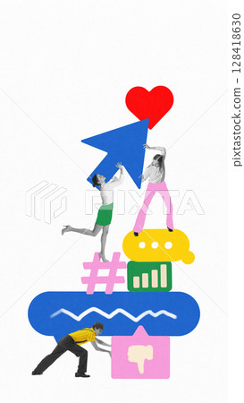 Digital pop-art collage with three people stacking icons, cursor and heart Digital pop-art collage with three people stacking icons, cursor and heart 128418630