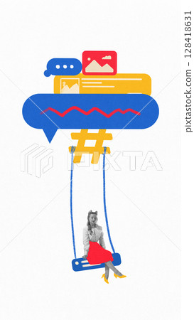 Visual artwork with woman on swing hanging from hashtag and chat bubble. Visual artwork with woman on swing hanging from hashtag and chat bubble. 128418631