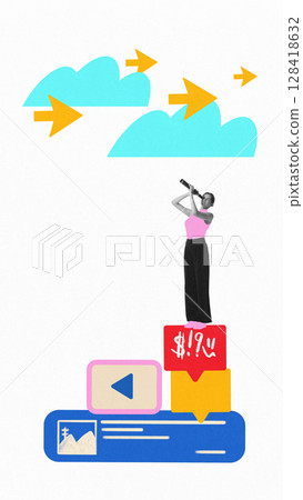 Digital collage with woman looking through telescope at arrows in sky, standing on social media icons Digital collage with woman looking through telescope at arrows in sky, standing on social media icons 128418632