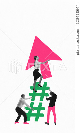 Creative teamwork composition with people climbing hashtags and woman carrying pointer icon Creative teamwork composition with people climbing hashtags and woman carrying pointer icon 128418644