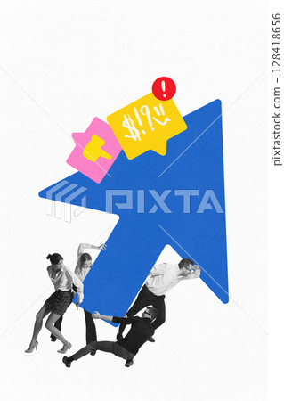 Digital pop-art collage showing teamwork lifting social media arrow Digital pop-art collage showing teamwork lifting social media arrow 128418656