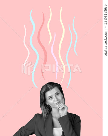 Digital collage in pastel style with thoughtful woman and floating lines 128418669