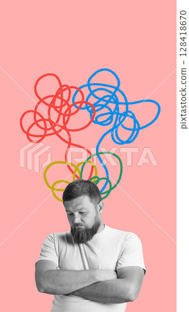 Contemporary artwork showing man pointing at abstract thought patterns 128418670