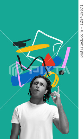 Conceptual collage with confused man under chaotic thoughts spiral 128418671