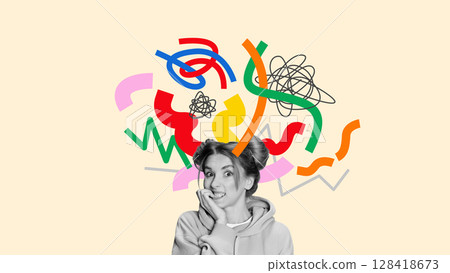 Dynamic conceptual artwork of anxious girl with colorful visual chaos above head 128418673