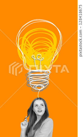 Surreal illustration of smiling girl with light bulb made of scribbles above head 128418675