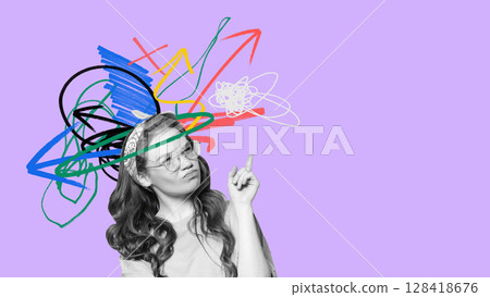 Artistic visual of confused girl with messy arrows and chaotic scribbles around head 128418676