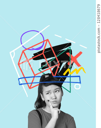 Creative artwork of thoughtful student with abstract geometric confusion above head 128418679