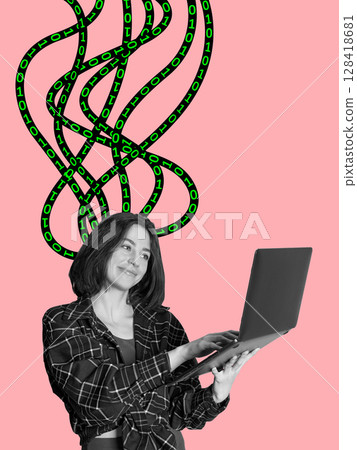 Digital-themed composition of smiling woman with binary code flowing from head 128418681