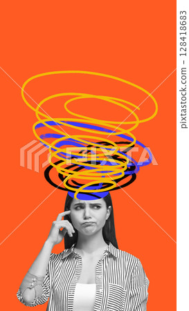 Graphic composition of puzzled woman with swirling spiral chaos above head 128418683