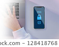 security app lock key icon on smartphone with working man  128418768