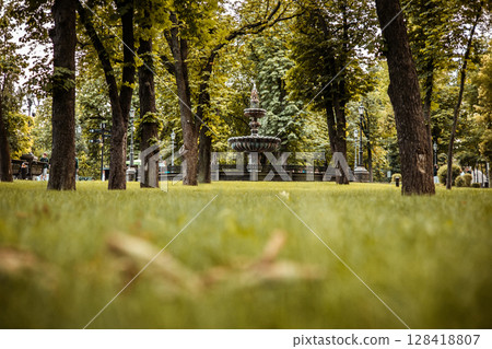 The beautiful fountain in autumnal park, grass, and big trees on a sunny day. A serene scene featuring a green lawn, trees, and a classic fountain in the background, perfect for a tranquil atmosphere. The beautiful fountain in autumnal park, grass, and big trees on a sunny day. A serene scene featuring a green lawn, trees, and a classic fountain in the background, perfect for a tranquil atmosphere. 128418807