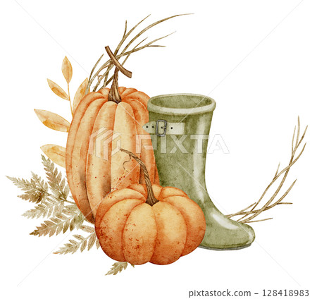 Watercolor illustration with Pumpkins, green rubber boot, autumn leaves and fern. Botanical drawing with Squash and Guard for countryside projects and harvest festival party invitations or greetings. Watercolor illustration with Pumpkins, green rubber boot, autumn leaves and fern. Botanical drawing with Squash and Guard for countryside projects and harvest festival party invitations or greetings. 128418983