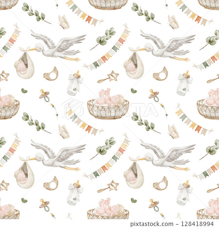 Seamless baby Pattern with watercolor Baby elements like stork, pacifier, bottle, toys, bunting, and infant in crib in pastel colors. Illustration of background for baby textile or nursery wallpaper. 128418994